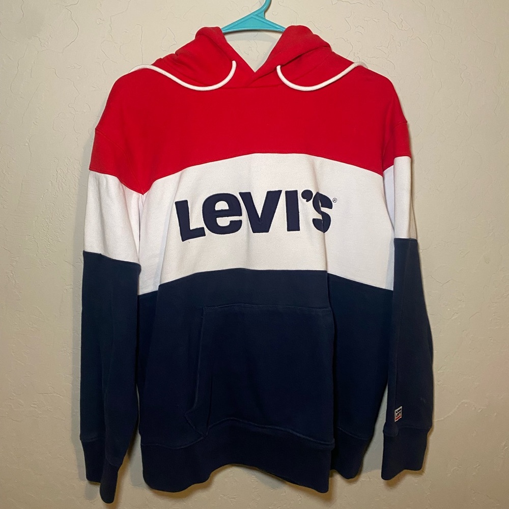 Levi’s sweatshirt/hoodie! American flag colors (red, white blue) and a Large!